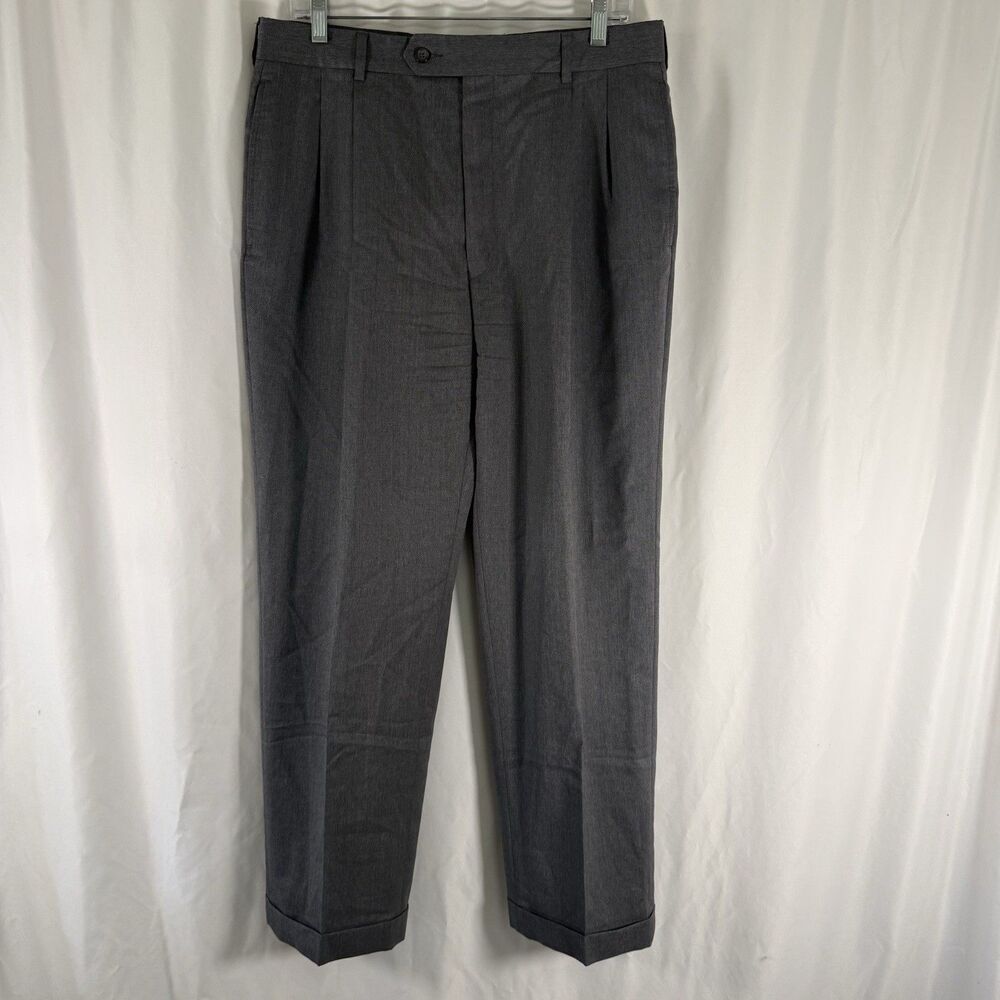 Jos A Bank 100% Wool Dress Pants Men's 34R Grey Pleated Slash Pockets